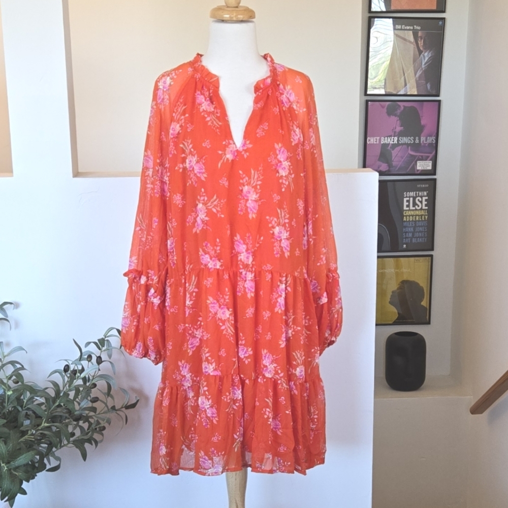 VINCE CAMUTO Orange Floral Georgette Longsleeve Lined Dress XXL Summer Casual - Picture 1 of 9